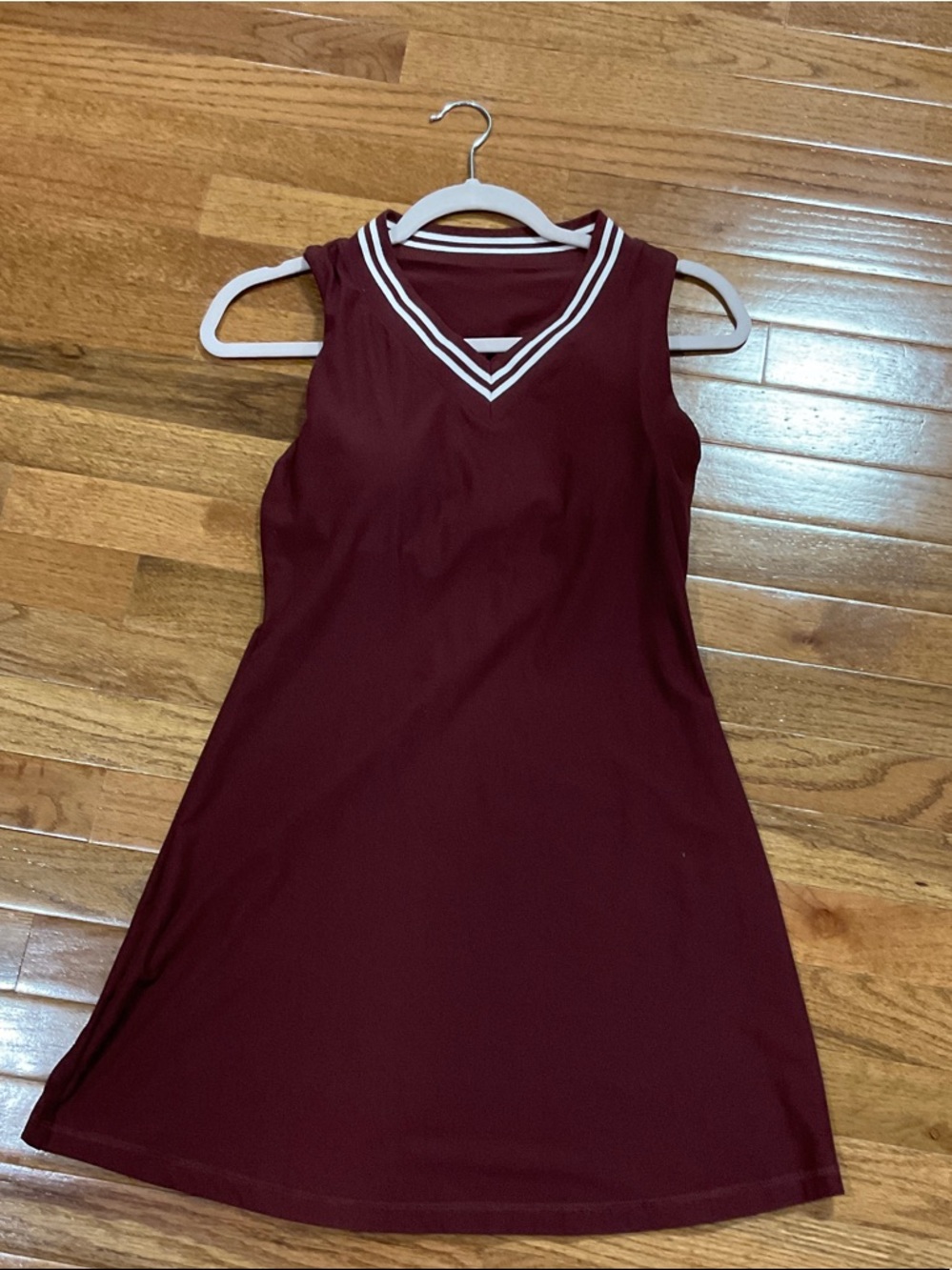 Sleeveless Maroon V-Neck Dress with Striped Collar